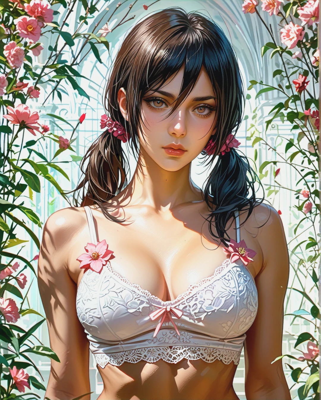 Mikasa Ackerman mature attack on Titan Twintails, Realistic Realistic,crop top camisole pink floral pulled up with white bra