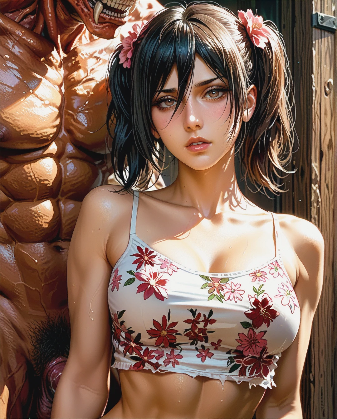 Mikasa Ackerman mature attack on Titan Twintails, Realistic Realistic,crop top camisole pink floral, sex grabbed by monster titan