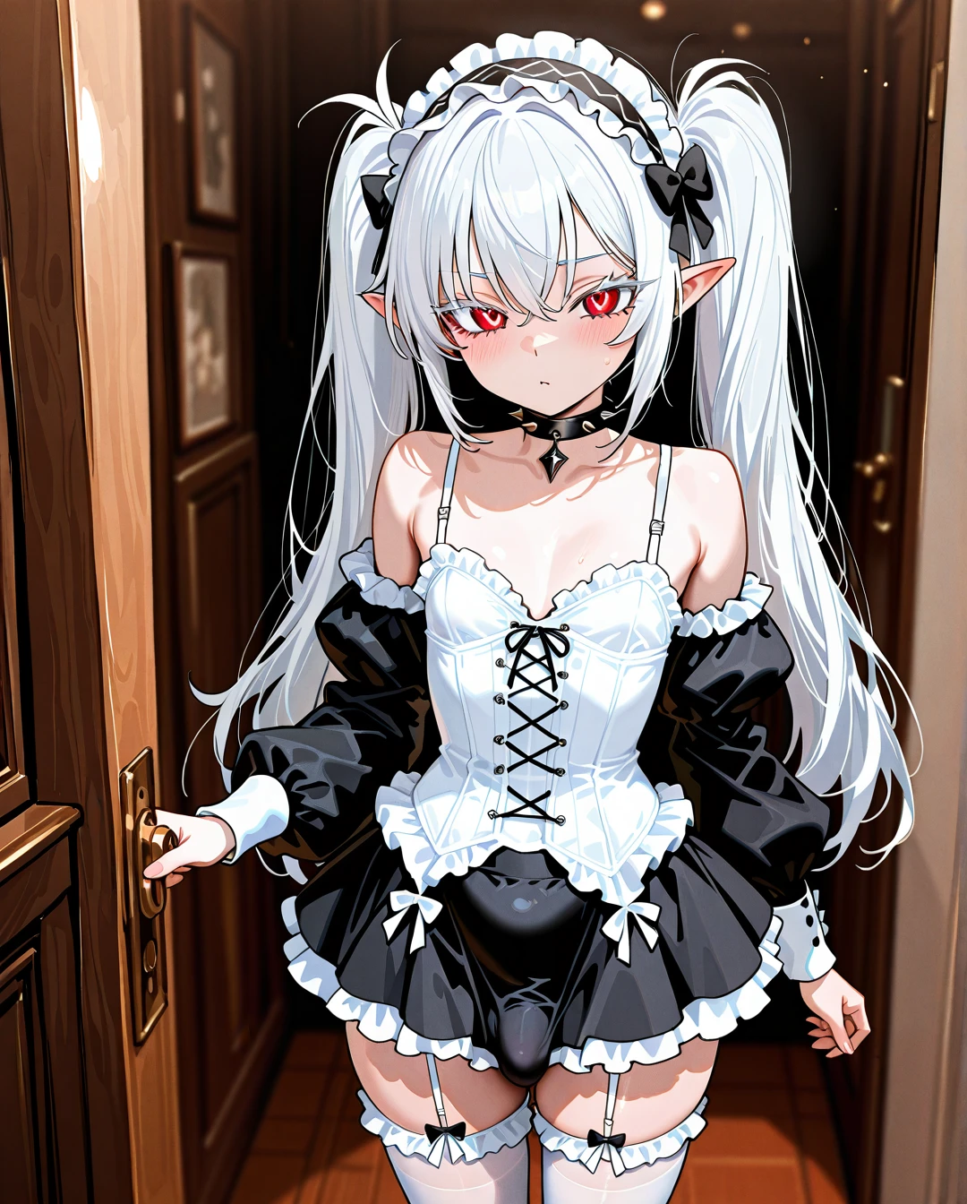 (otoko_no_ko) white_hair long_hair twin_ponytails white_eyelashes (red_eyes) pointy_ears choker_with_spikes hair_bow_with_spikes penis_bulge white_skirt standing white_frilled_thighhighs white_bustier garter_straps puffed_sleeves bare_shoulders frilled_hairband