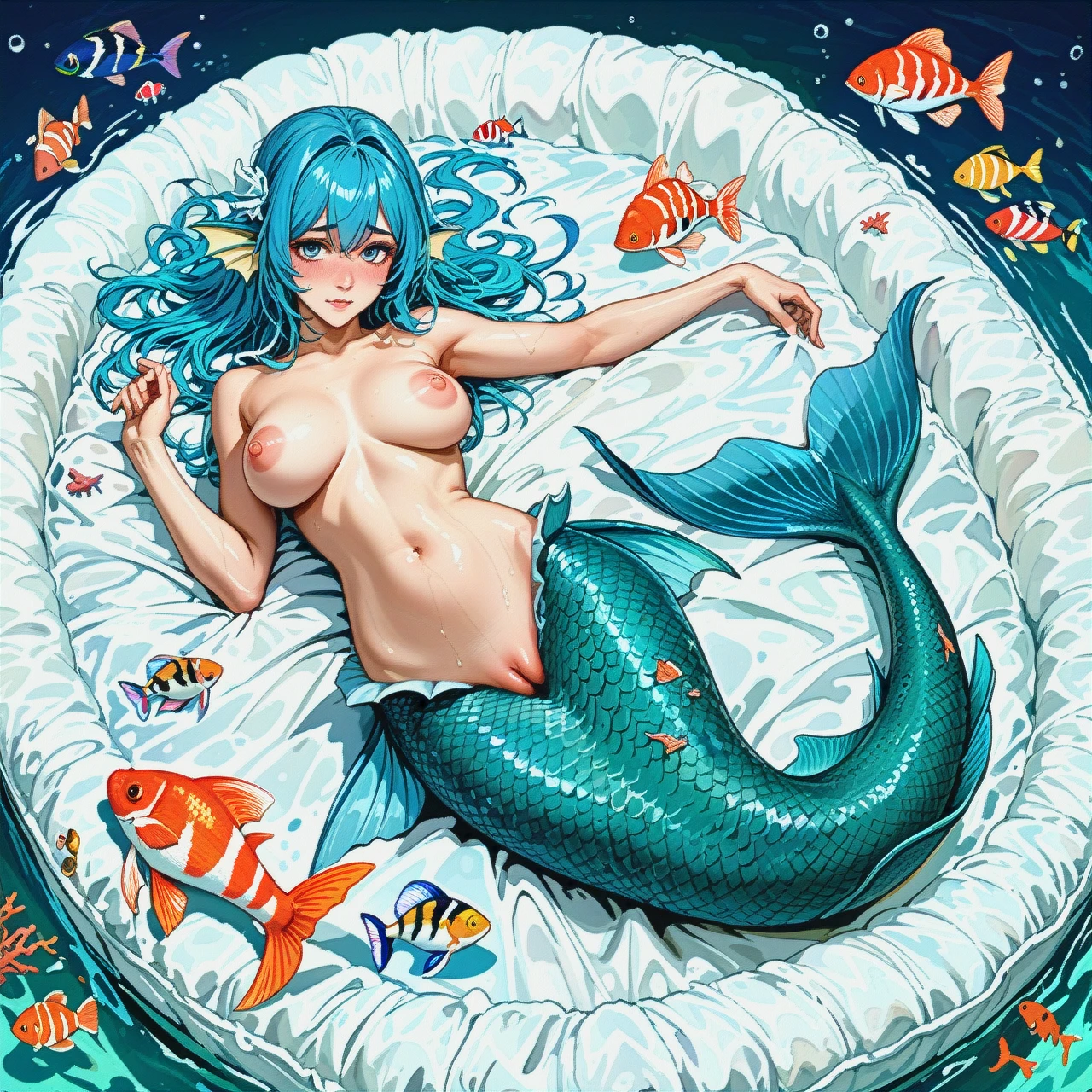 A beautiful and cute girl, a mermaid, half human half fish, fish fins,Completely naked, her pussy clearly visible, Lying on a soft and comfortable mattress, (full_body) (shy) His entire body was clearly visible, (large_areolae) (puffy_nipples) His body is full of fish scales, his right and left hands are full of fish scales