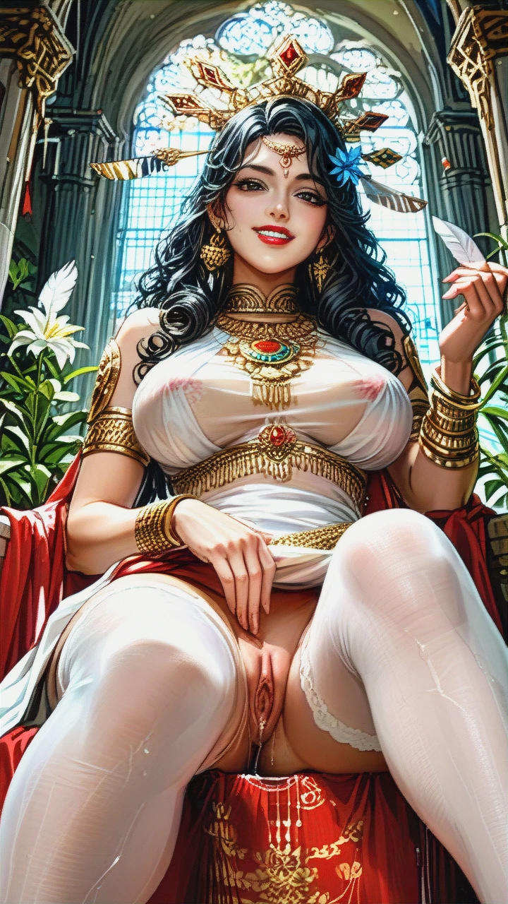 Indian, Goddess, Cute, beautiful black eyes, fair skin, crown, ornaments, nude, kind, smile, (curvy), white stockings, big boobs, long black curly hair, looking at viewer, teeth, peacock feather on hair, hair bangs, earings, thicc thighs, gold around pussy, flower pubic, mascular arms, (lipstick), bracelets, virgin, (Pussy_juice), sitting, (legs_up), (crotch_rub), red see through top, (skirt_lift),