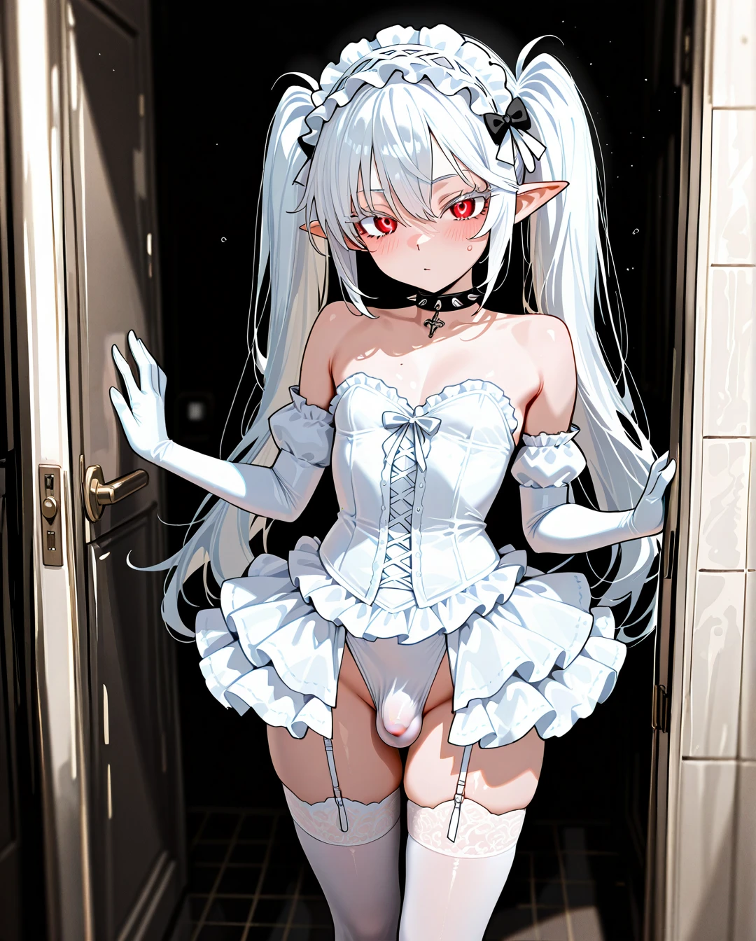 (otoko_no_ko) white_hair long_hair twin_ponytails white_eyelashes (red_eyes) pointy_ears choker_with_spikes hair_bow_with_spikes penis_bulge white_skirt standing white_frilled_thighhighs white_bustier garter_straps puffed_sleeves bare_shoulders white_frilled_hairband white_elbow_gloves