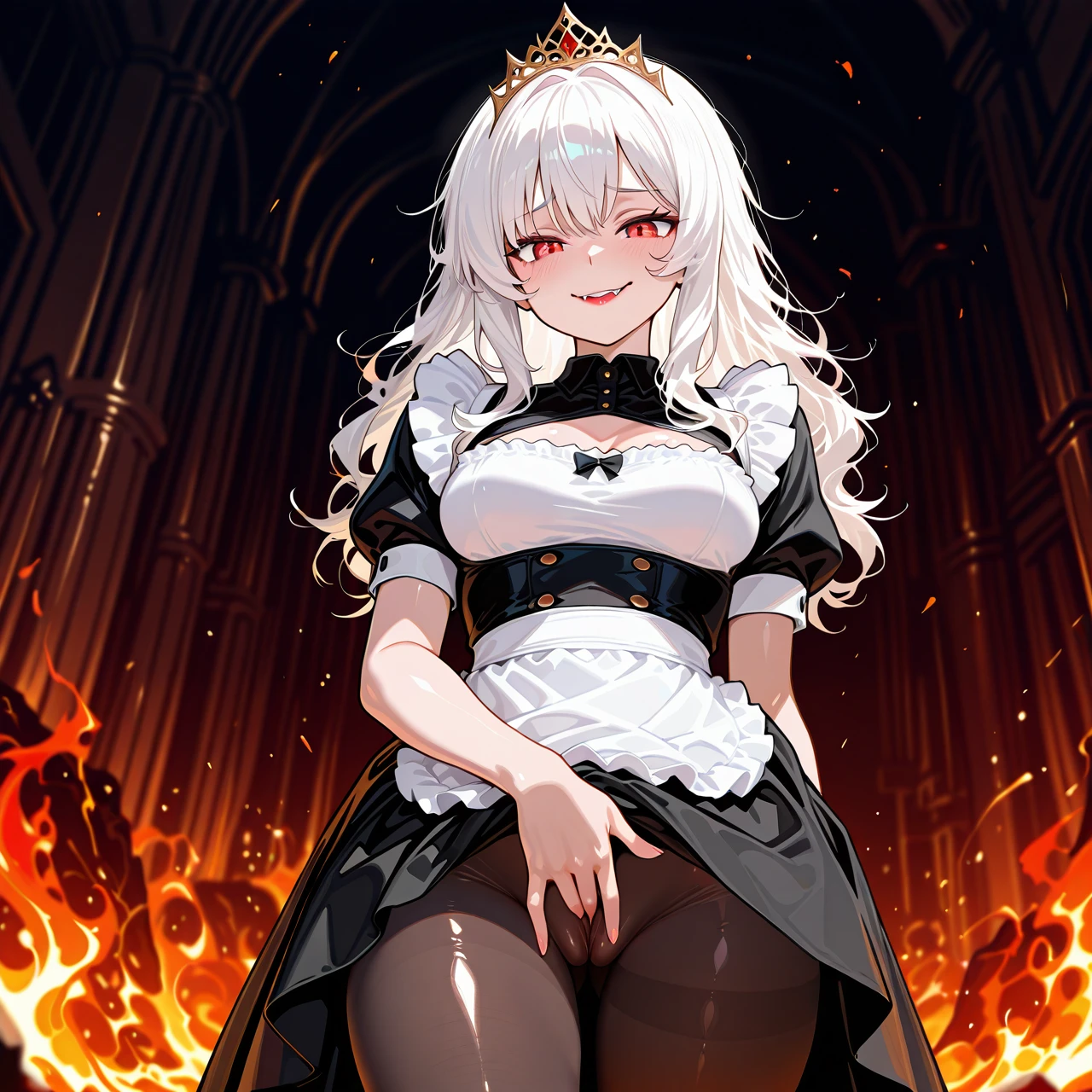 1girl, teen, maid, shiny skin, HDR,UHD,8K, best quality, medium breasts, lipstick, fangs, sad smile, wavy hair, messy hair, long hair, white hair, medium hair, tiara, hell,  big tights, (masturbation) (slim)