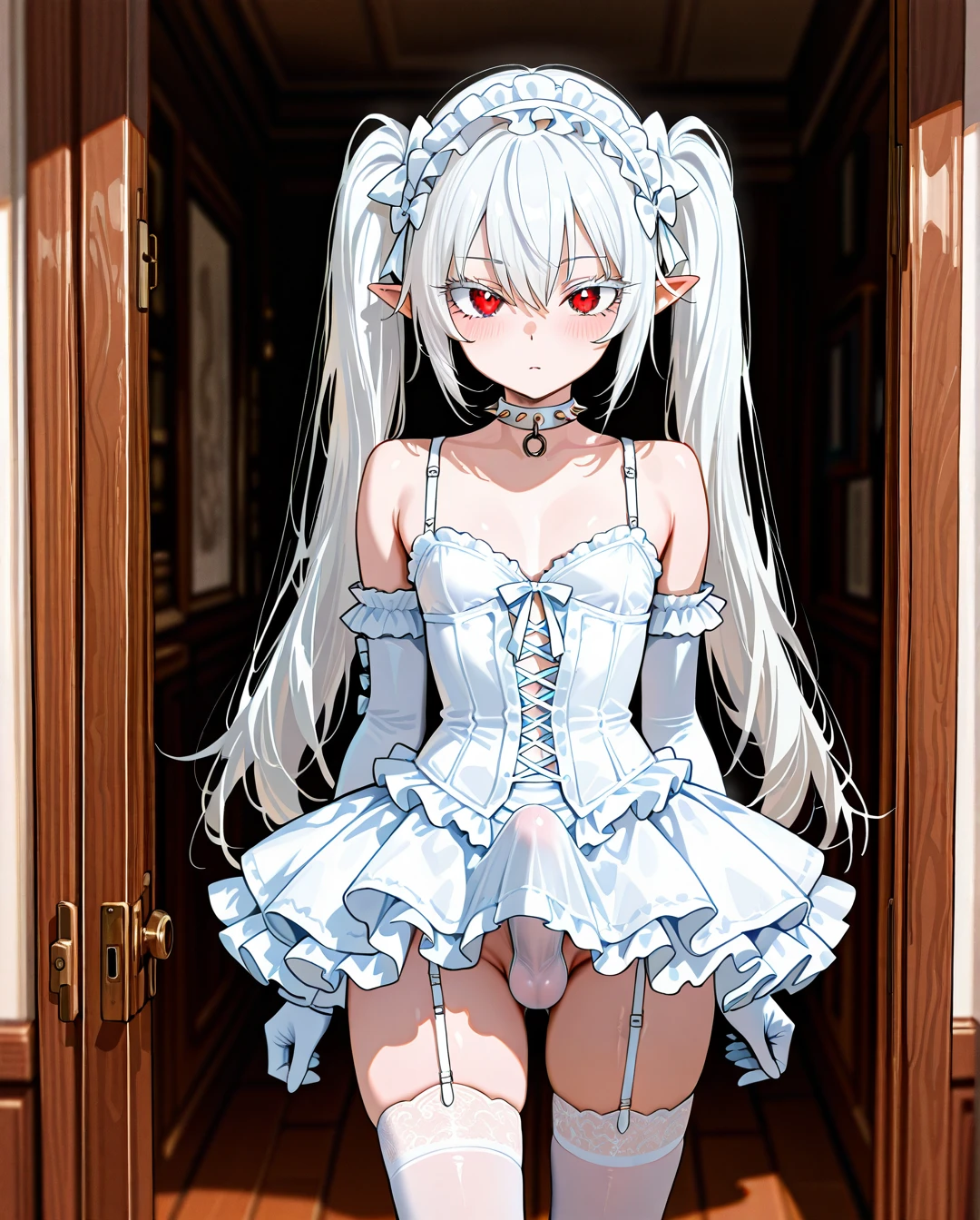 (otoko_no_ko) white_hair long_hair twin_ponytails white_eyelashes (red_eyes) pointy_ears choker_with_spikes hair_bow_with_spikes penis_bulge white_skirt standing white_frilled_thighhighs white_bustier garter_straps puffed_sleeves bare_shoulders white_frilled_hairband white_elbow_gloves