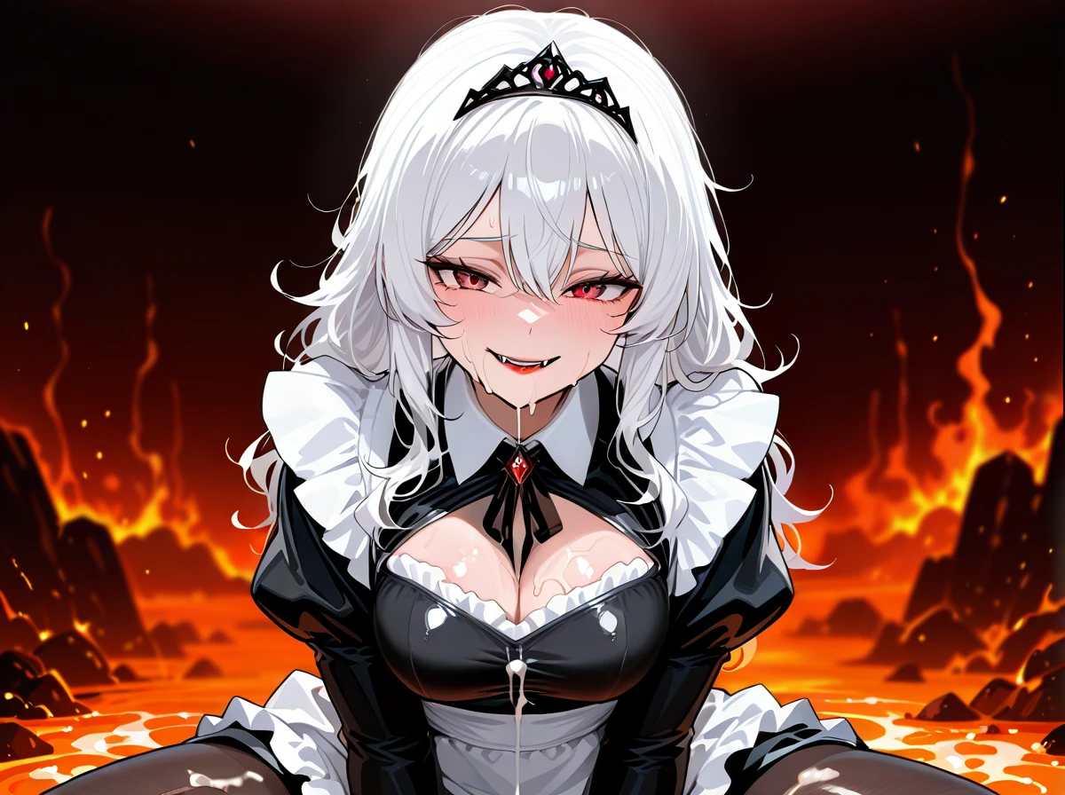 1girl, teen, maid, shiny skin, HDR,UHD,8K, best quality, medium breasts, lipstick, fangs, sad smile, wavy hair, messy hair, long hair, white hair, medium hair, tiara, hell,  big tights,(cumdump) (cum) (bukkake) (cumdrip)