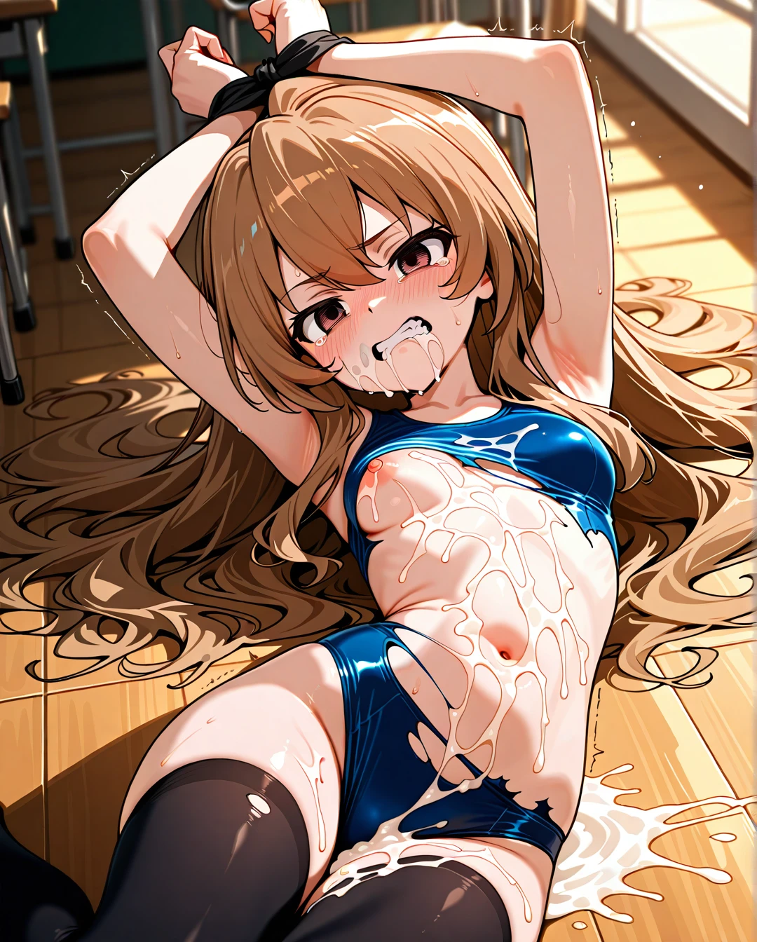 @aisaka_taiga, blue swimsuit, classroom, on floor, (lying), hands are tied above head, torn swimsuit, many torns, black stockings, torn on breasts, torn on stomach, torn on tits, open stomach, (nipple_slip), Disgust on face, (tears), (clenched_teeth), (cum_in_mouth), (bukkake), (cum_pool), (blush), (medium_breasts), (yokozuwari), (empty_eyes), (pain),, (scared), Bags under the eyes