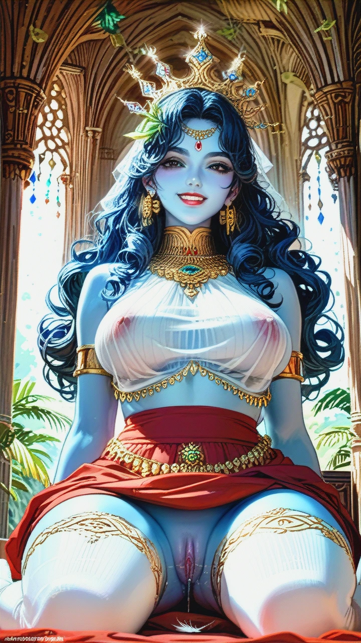 Indian, Goddess, Cute, beautiful black eyes, blue skin, crown, ornaments, nude, kind, smile, (curvy), white stockings, big boobs, long black curly hair, looking at viewer, teeth, peacock feather on hair, hair bangs, earings, thicc thighs, gold around pussy, white pubic, mascular arms, (lipstick), bracelets, virgin, (Pussy_juice), sitting, (legs_up), (crotch_rub), see through top, red (skirt_lift), (kneeling),