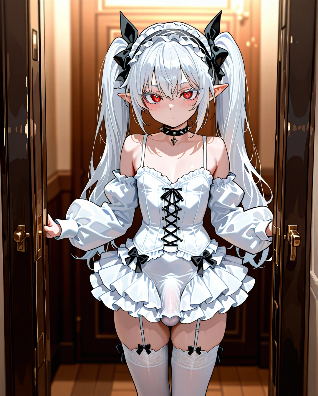 (otoko_no_ko) white_hair long_hair twin_ponytails white_eyelashes (red_eyes) pointy_ears choker_with_spikes hair_bow_with_spikes penis_bulge white_skirt standing white_frilled_thighhighs white_bustier garter_straps puffed_sleeves bare_shoulders frilled_hairband