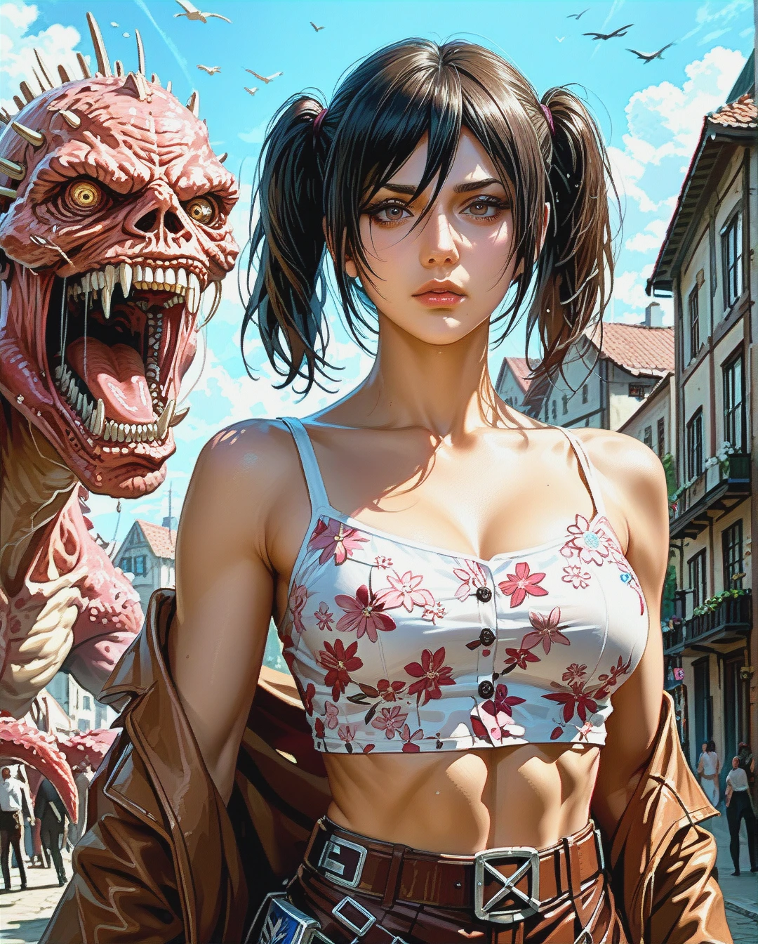 Mikasa Ackerman mature attack on Titan Twintails, Realistic Realistic,crop top camisole pink floral, grabbed by monster titan