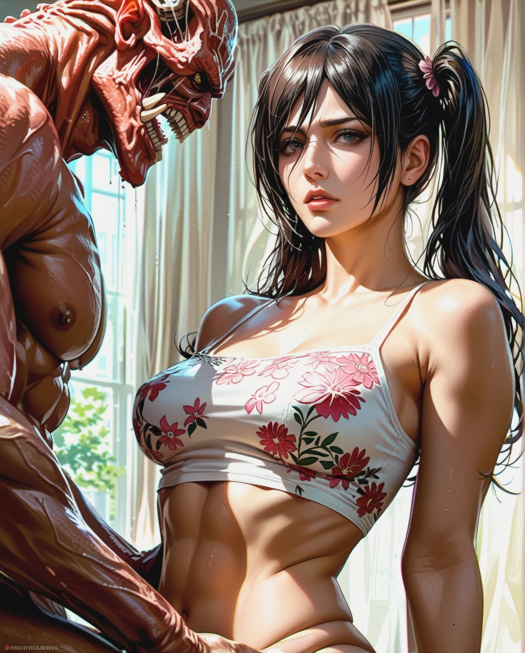 Mikasa Ackerman mature attack on Titan Twintails, Realistic Realistic,crop top camisole pink floral, sex grabbed by monster titan