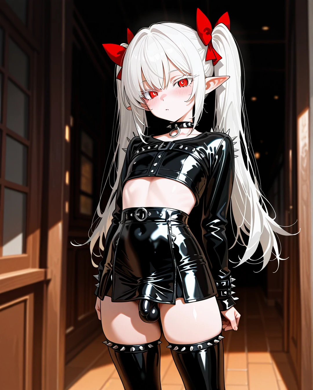 (otoko_no_ko) white_hair long_hair twin_ponytails white_eyelashes (red_eyes) pointy_ears choker_with_spikes hair_bow_with_spikes penis_bulge white_leather_skirt standing thighhighs