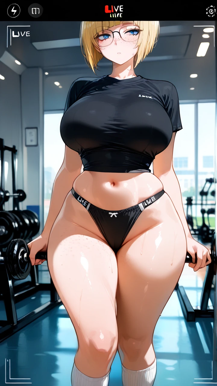 Blue eyes,blonde ,square haircut, freckles, livestream,(curvy) ,(large_breasts) , narrow waist,big hips,black spot panties,black sport shirt,white socks,gym,cute glasses