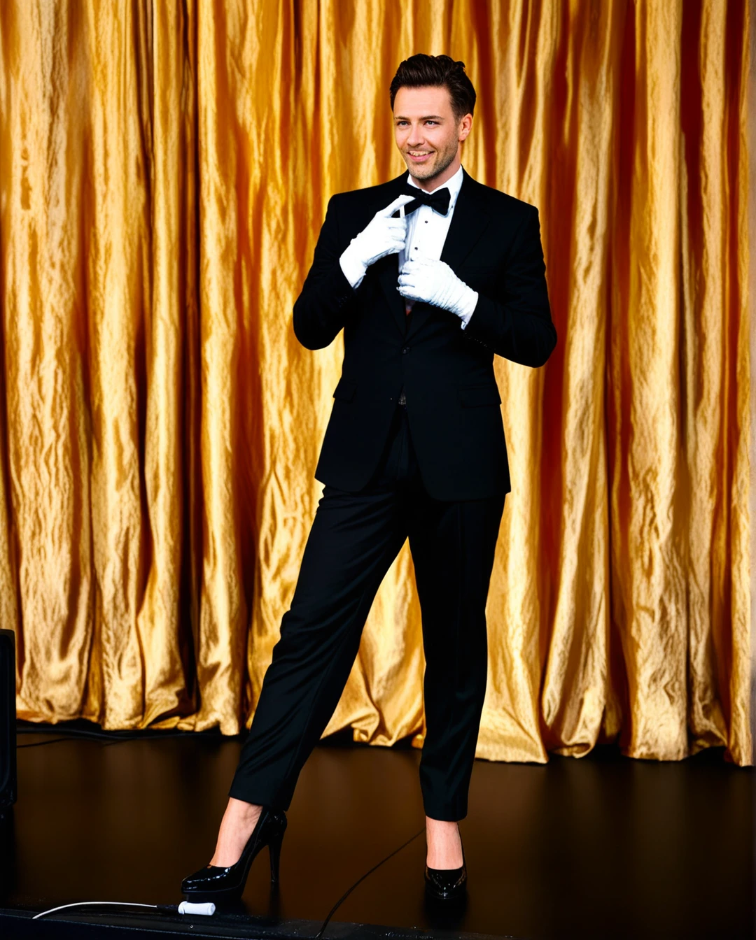 (male_futanari), wide smile, black three-piece suit, shirt, black tie, white gloves, lowered black long wide trousers, black high heel pumps, stage, beige curtains, penis out, hairy pubis, big balls, long penis, veiny penis, tap dancing