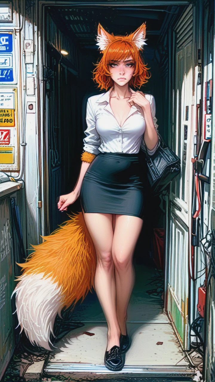 A girl, furry,embarrassing, looking on viewer, fox  ears, fox tail, nude,  pencil skirt, shoes, paws, pubic hair,