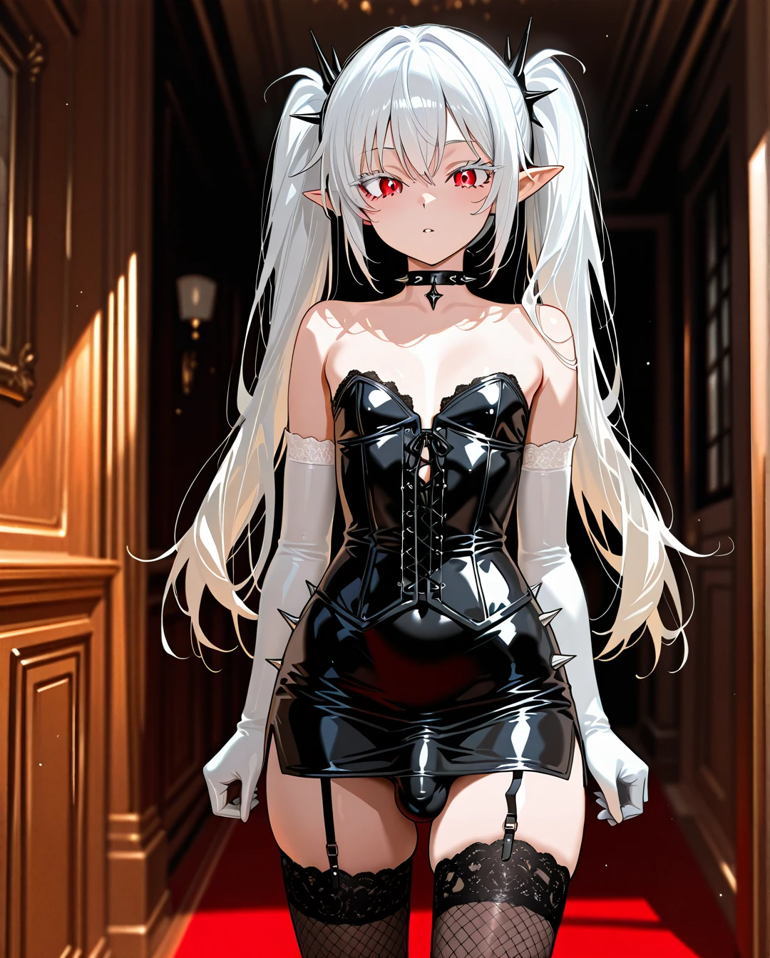 (otoko_no_ko) white_hair long_hair twin_ponytails white_eyelashes (red_eyes) pointy_ears choker_with_spikes penis_bulge white_leather_skirt standing white_lace_thighhighs white_bustier garter_straps bare_shoulders  white_elbow_gloves