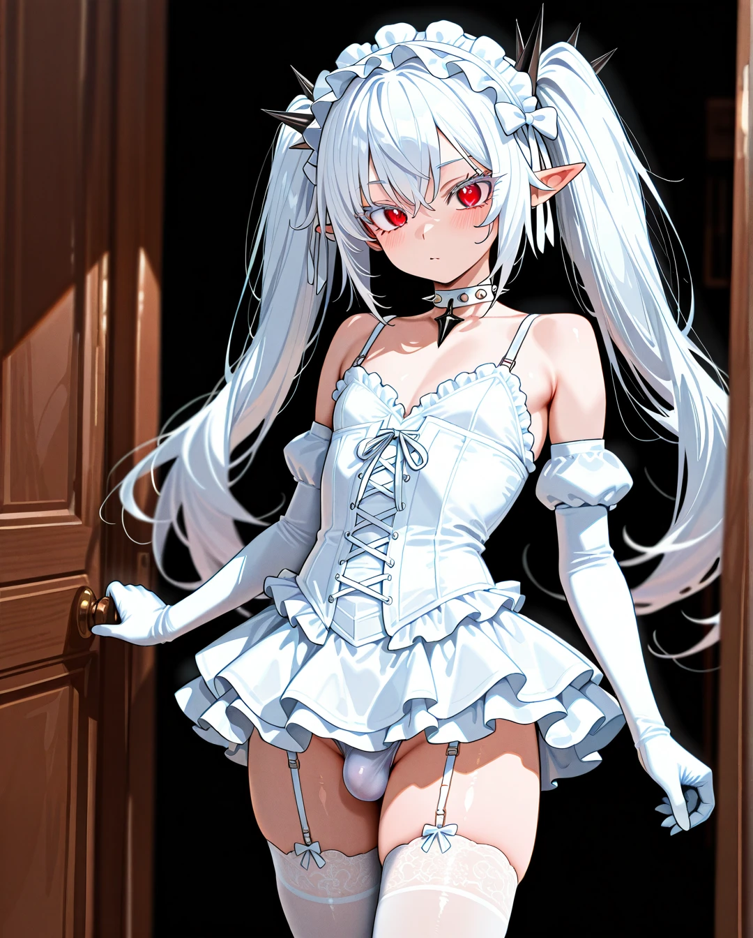 (otoko_no_ko) white_hair long_hair twin_ponytails white_eyelashes (red_eyes) pointy_ears choker_with_spikes hair_bow_with_spikes penis_bulge white_skirt standing white_frilled_thighhighs white_bustier garter_straps puffed_sleeves bare_shoulders white_frilled_hairband white_elbow_gloves