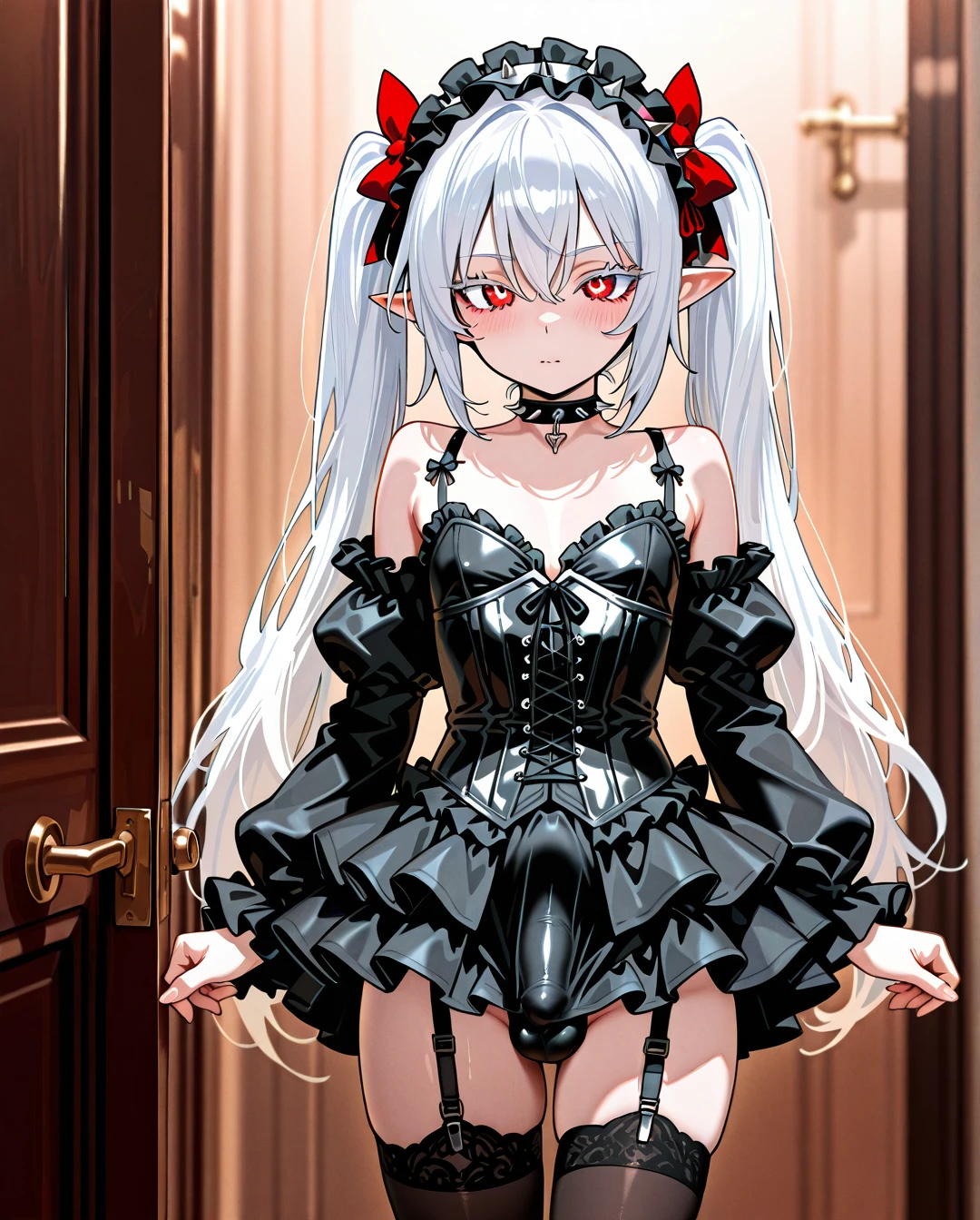 (otoko_no_ko) white_hair long_hair twin_ponytails white_eyelashes (red_eyes) pointy_ears choker_with_spikes hair_bow_with_spikes penis_bulge white_skirt standing white_frilled_thighhighs white_bustier garter_straps puffed_sleeves bare_shoulders frilled_hairband