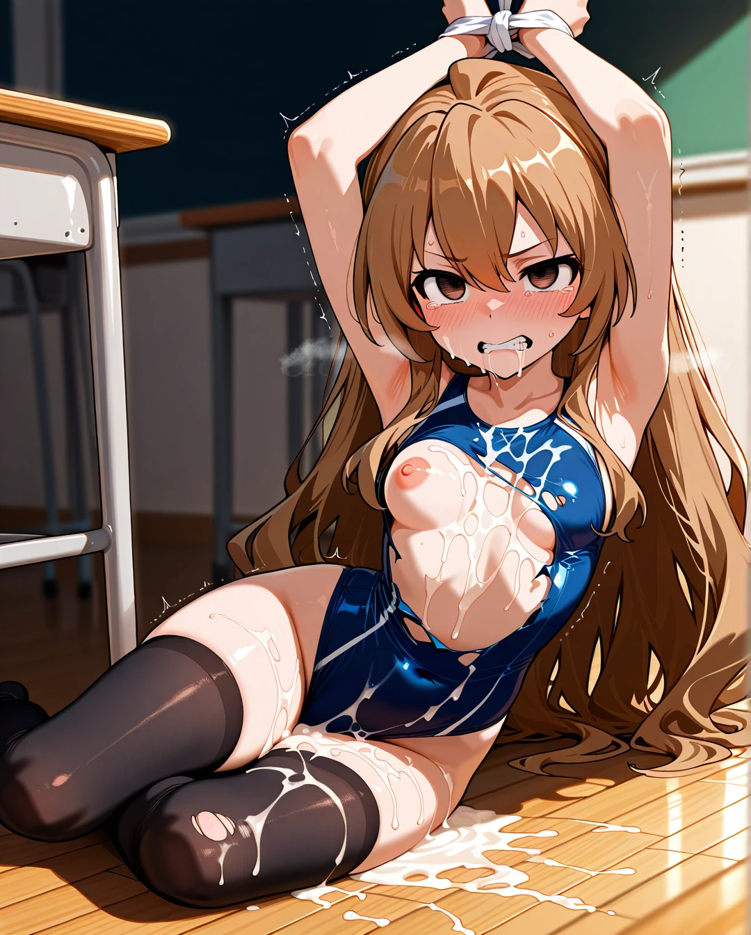 @aisaka_taiga, blue swimsuit, classroom, on floor, (lying), hands are tied above head, torn swimsuit, many torns, black stockings, torn on breasts, torn on stomach, torn on tits, open stomach, (nipple_slip), Disgust on face, (tears), (clenched_teeth), (cum_in_mouth), (bukkake), (cum_pool), (blush), (medium_breasts), (yokozuwari), (empty_eyes), (pain),, (scared), Bags under the eyes