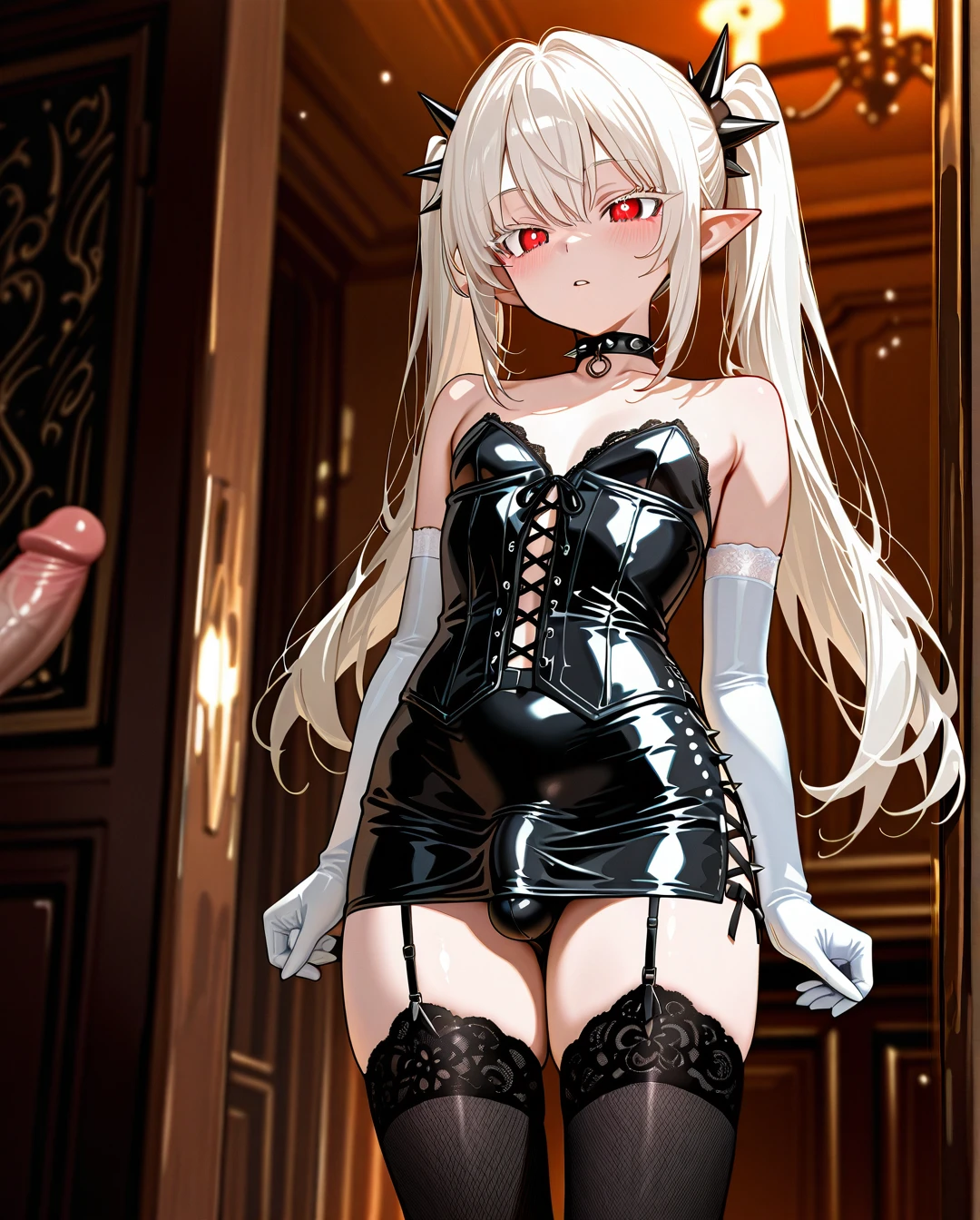 (otoko_no_ko) white_hair long_hair twin_ponytails white_eyelashes (red_eyes) pointy_ears choker_with_spikes penis_bulge white_leather_skirt standing white_lace_thighhighs white_bustier garter_straps bare_shoulders  white_elbow_gloves