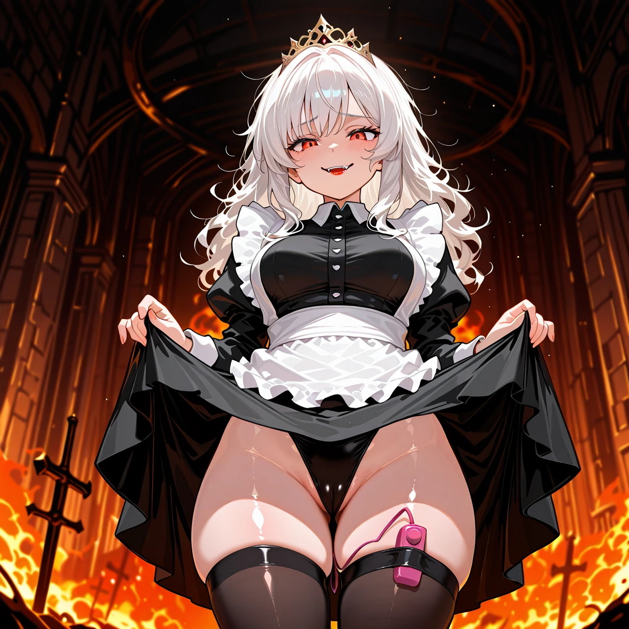 1girl, teen, maid, shiny skin, HDR,UHD,8K, best quality, medium breasts, lipstick, fangs, sad smile, wavy hair, messy hair, long hair, white hair, medium hair, tiara, hell,  big thigh, (public_vibrator) (slim)