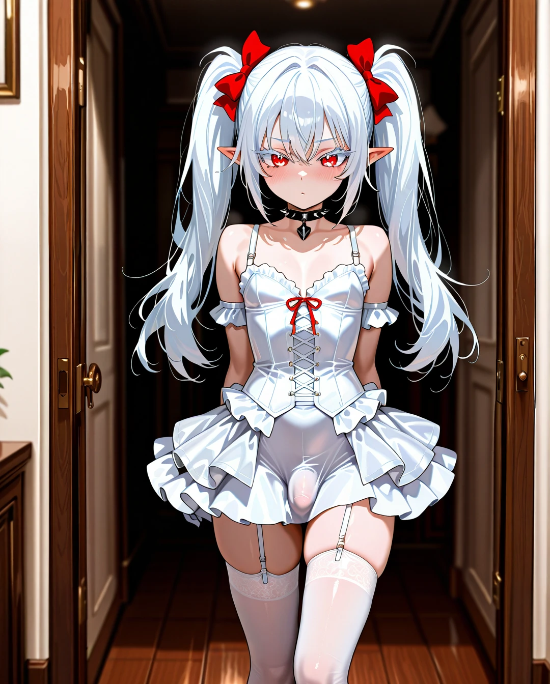 (otoko_no_ko) white_hair long_hair twin_ponytails white_eyelashes (red_eyes) pointy_ears choker_with_spikes hair_bow_with_spikes penis_bulge white_vinyl_skirt standing white_thighhighs white_bustier garter_straps