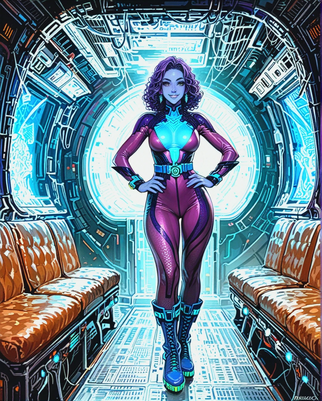 Blue skin alien woman, smiling, large wide black eyes, humaniod body, shoulder length large curly purple hair, skin tight blue and purple body suit with glowing tech patterns, blue belt with a single glowing button, blue boots, hands on hips, spaceship interior