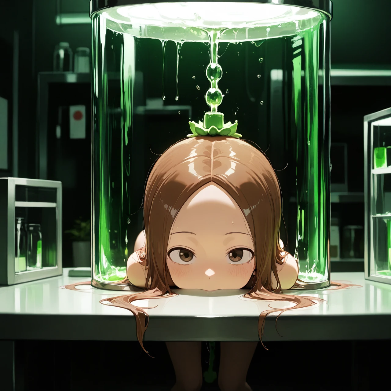 @takagi-san, full nude, in laboratory, on the table, (animal_insertion), animal insertion dog