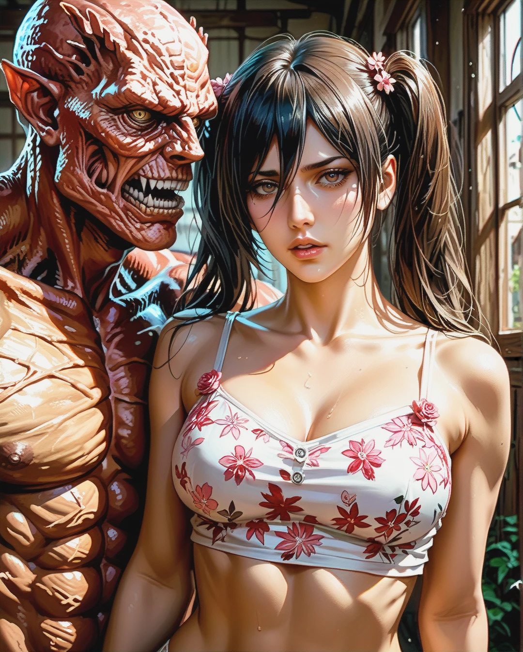 Mikasa Ackerman mature attack on Titan Twintails, Realistic Realistic,crop top camisole pink floral, sex grabbed by monster titan