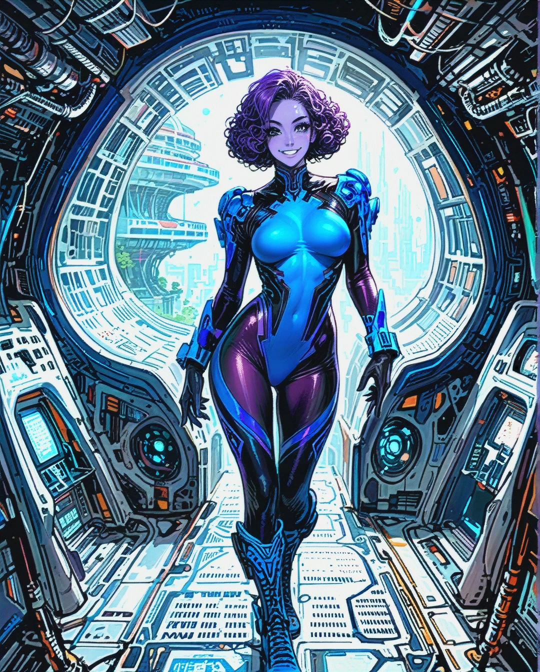 Blue skinned alien woman, smiling, large wide black eyes, humaniod appearance, shoulder length large curly purple hair, skin tight blue and purple body suit, blue boots, spaceship interior