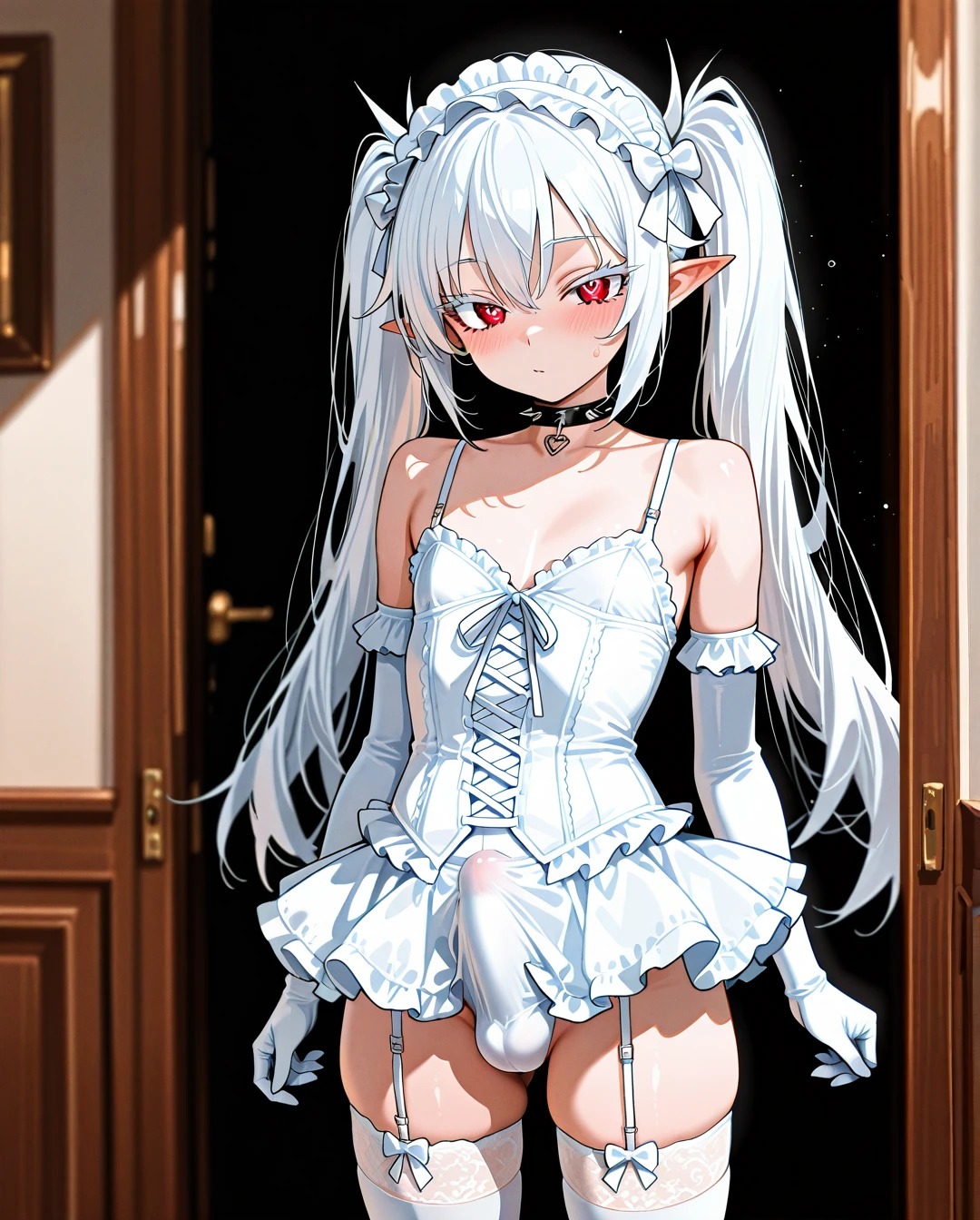 (otoko_no_ko) white_hair long_hair twin_ponytails white_eyelashes (red_eyes) pointy_ears choker_with_spikes hair_bow_with_spikes penis_bulge white_skirt standing white_frilled_thighhighs white_bustier garter_straps puffed_sleeves bare_shoulders white_frilled_hairband white_elbow_gloves