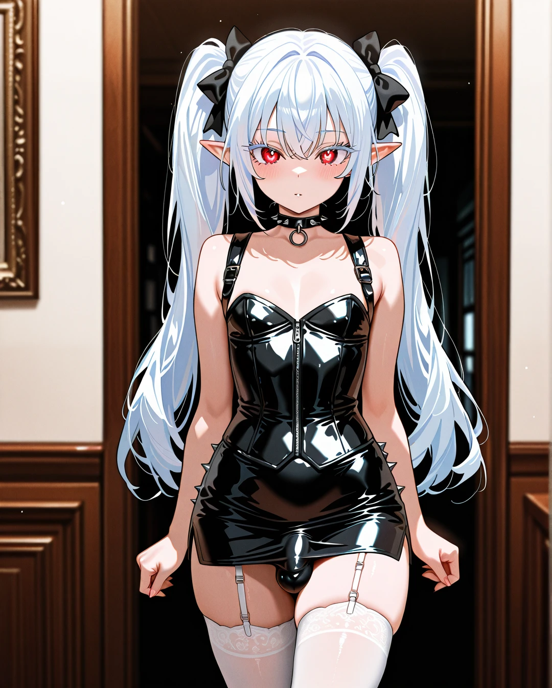 (otoko_no_ko) white_hair long_hair twin_ponytails white_eyelashes (red_eyes) pointy_ears choker_with_spikes hair_bow_with_spikes penis_bulge white_leather_skirt standing white_thighhighs white_bustier garter_straps