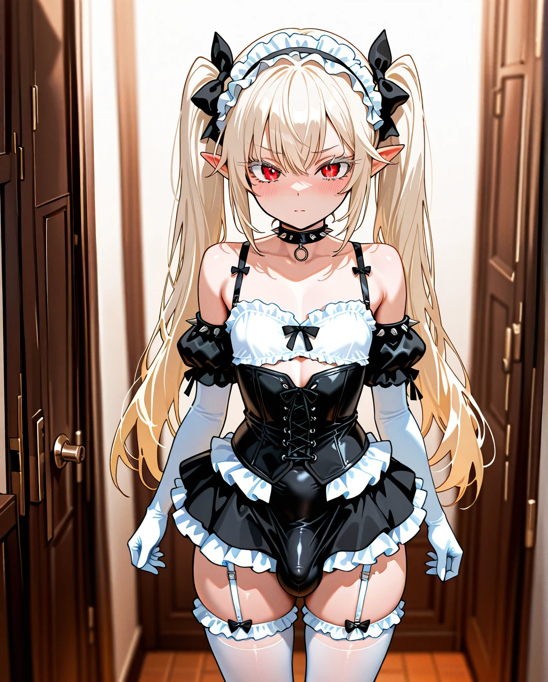 (otoko_no_ko) white_hair long_hair twin_ponytails white_eyelashes (red_eyes) pointy_ears choker_with_spikes hair_bow_with_spikes penis_bulge white_skirt standing white_frilled_thighhighs white_bustier garter_straps puffed_sleeves bare_shoulders white_frilled_hairband white_elbow_gloves