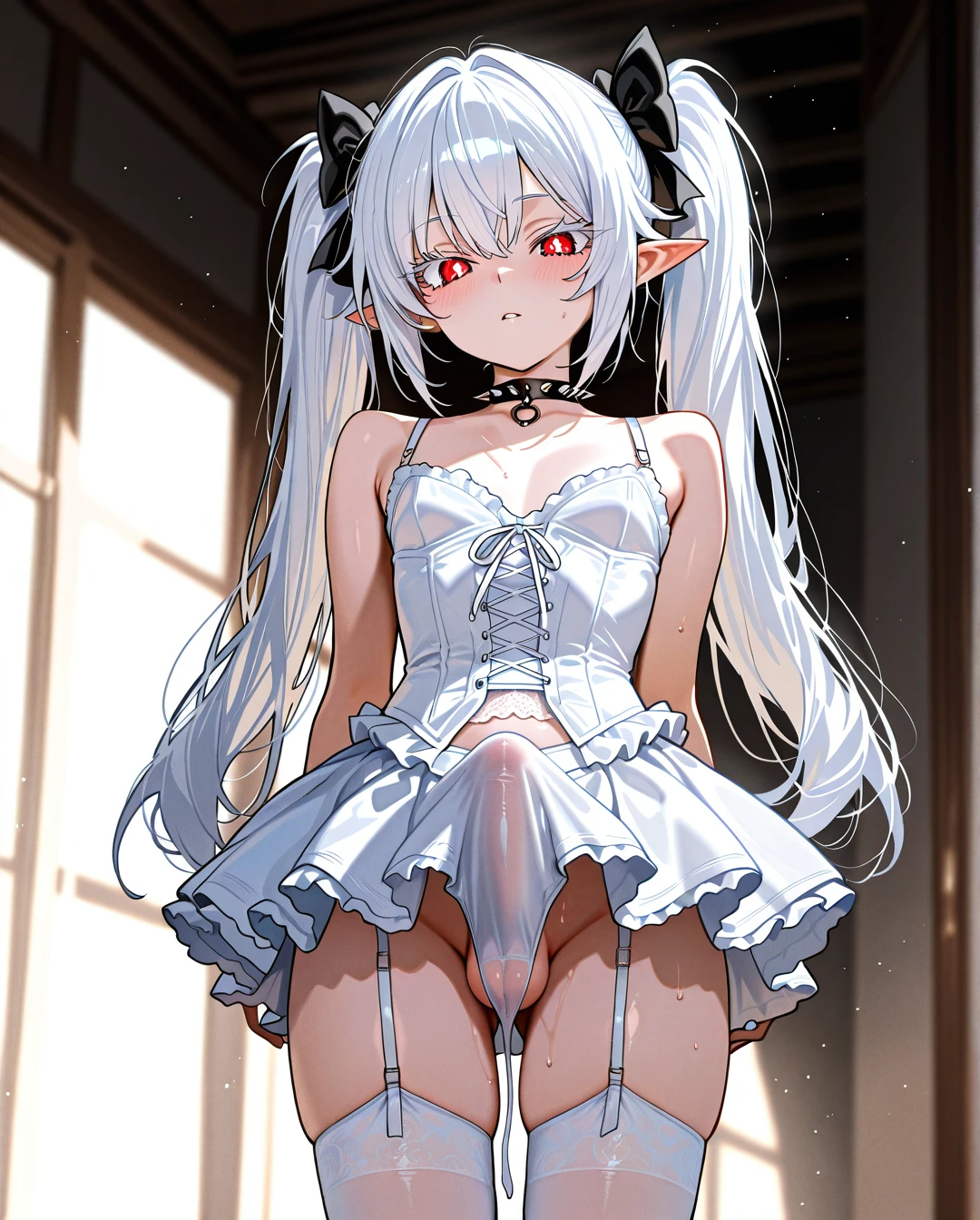 (otoko_no_ko) white_hair long_hair twin_ponytails white_eyelashes (red_eyes) pointy_ears choker_with_spikes hair_bow_with_spikes penis_bulge white_skirt standing white_thighhighs white_bustier garter_straps