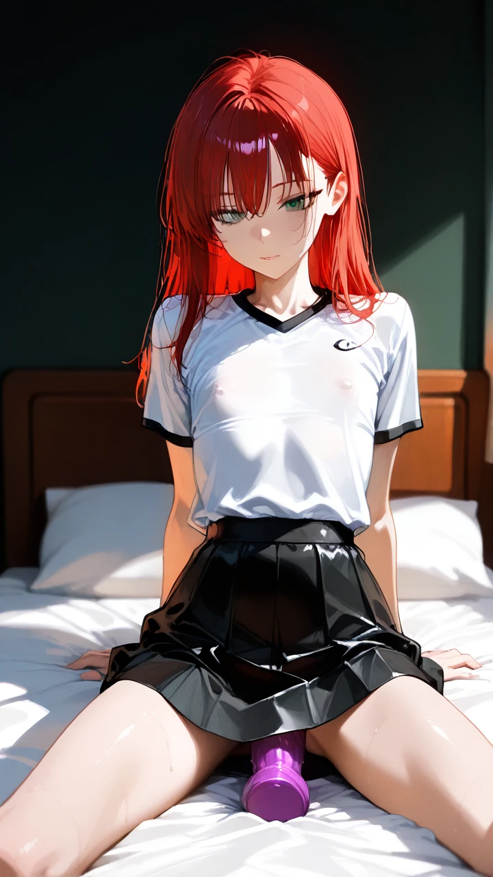 (skinny), (flat_chest), (red_hair), (white_shirt), (black_tennis_skirt), (green_eyes), riding on dildo , in bed