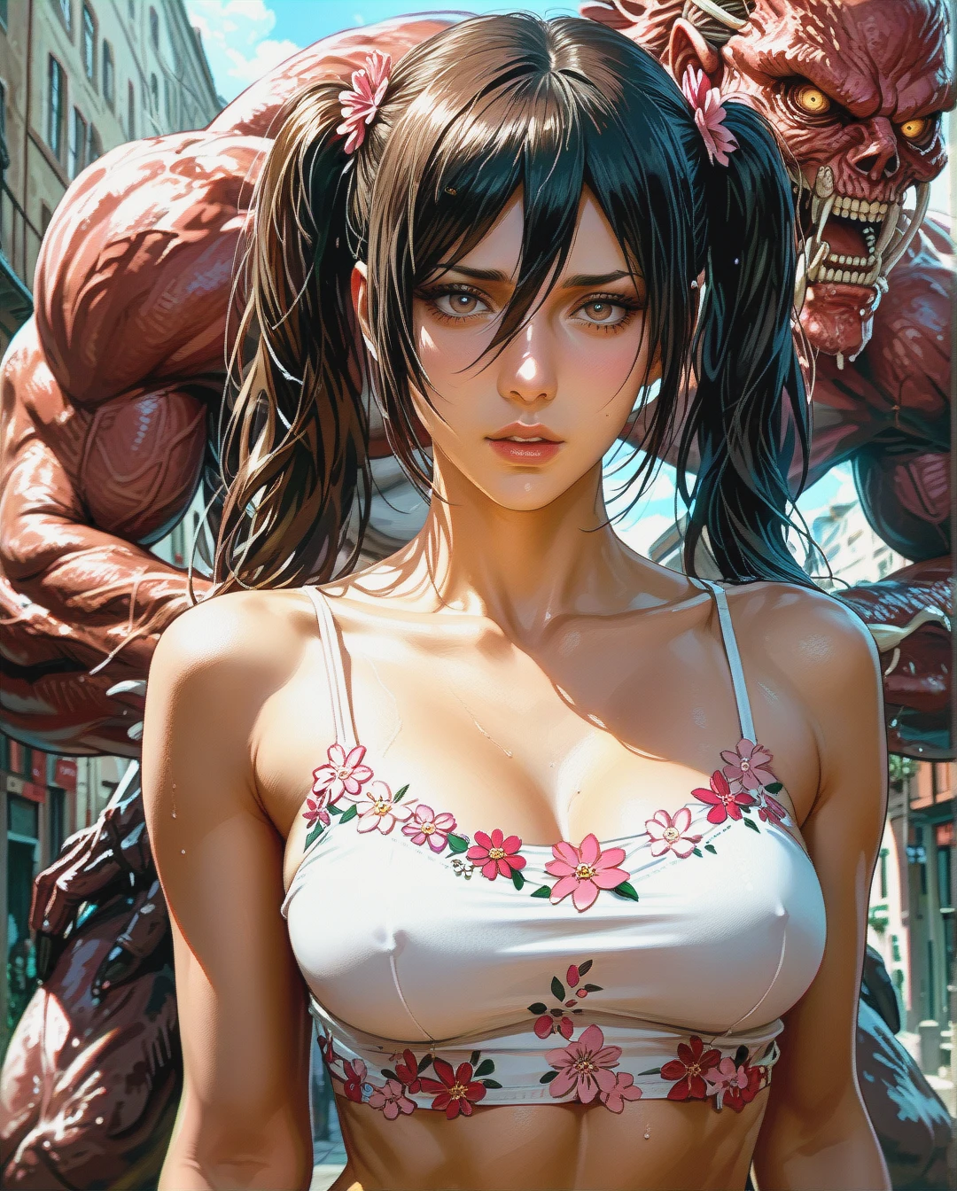 Mikasa Ackerman mature attack on Titan Twintails, Realistic Realistic,crop top camisole pink floral, sex grabbed by monster titan