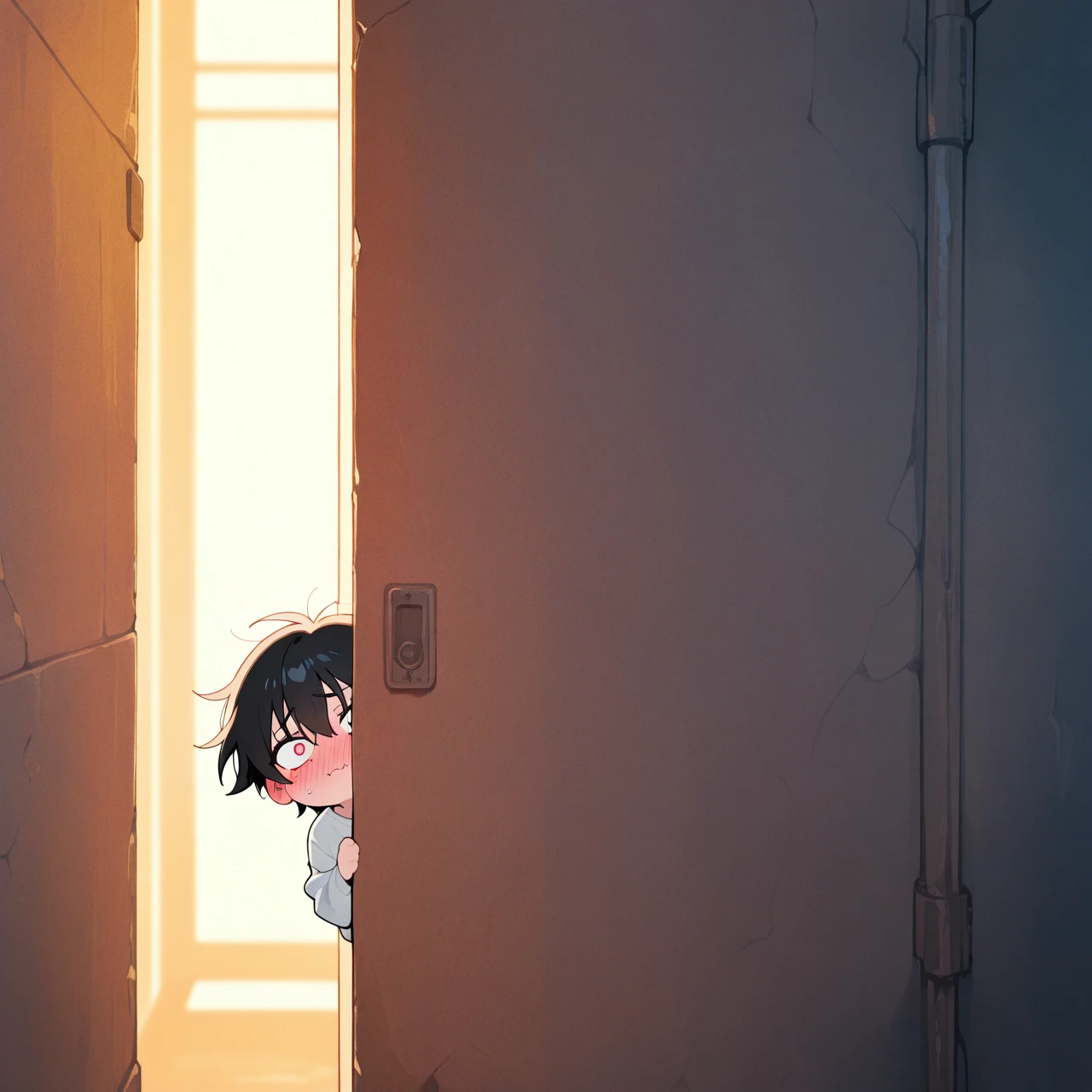 A shy anime boy hiding behind a wall, simple anime art style, soft pastel colors, blushing cheeks, wide expressive eyes, minimalist background, cute and innocent expression, looking slightly embarrassed, chibi-like proportions, warm lighting