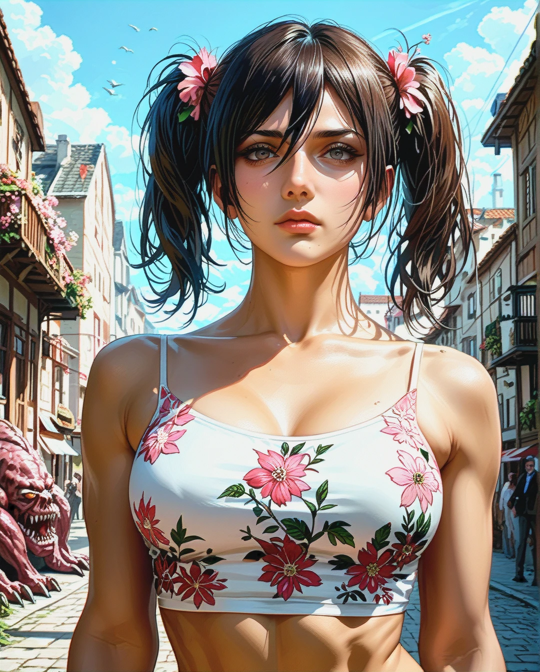 Mikasa Ackerman mature attack on Titan Twintails, Realistic Realistic,crop top camisole pink floral, grabbed by monster titan