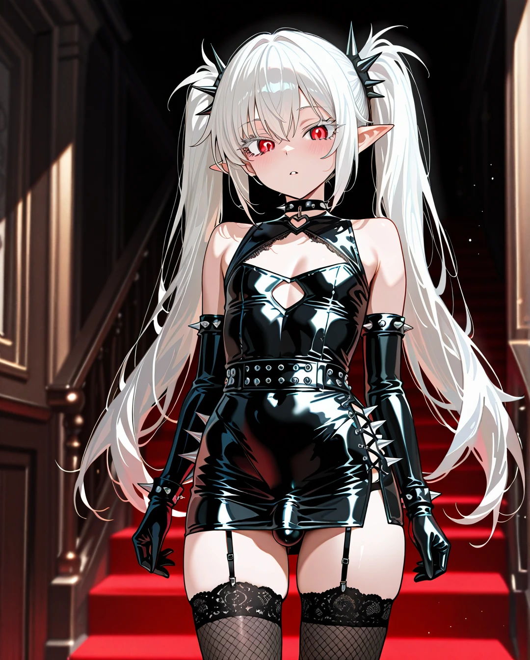 (otoko_no_ko) white_hair long_hair twin_ponytails white_eyelashes (red_eyes) pointy_ears choker_with_spikes penis_bulge white_leather_skirt standing white_lace_thighhighs white_leather_top (cleavage_cutout) garter_straps bare_shoulders  white_elbow_gloves