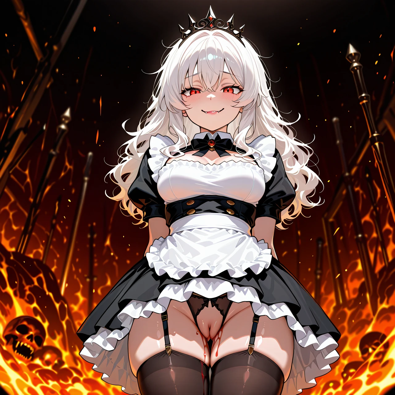 1girl, teen, maid, shiny skin, HDR,UHD,8K, best quality, medium breasts, lipstick, fangs, sad smile, wavy hair, messy hair, long hair, white hair, medium hair, tiara, hell,  big tights, (defloration) (slim)