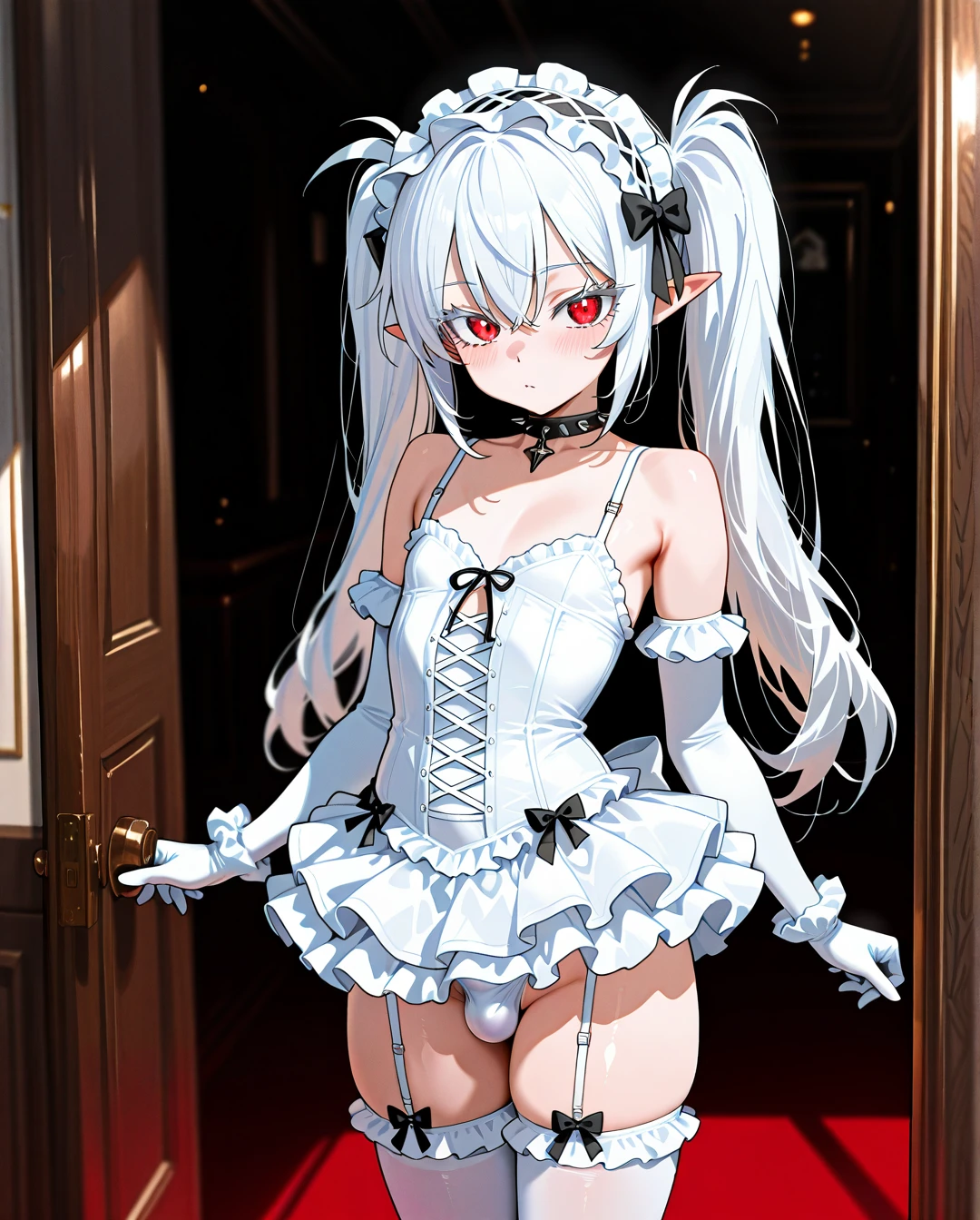 (otoko_no_ko) white_hair long_hair twin_ponytails white_eyelashes (red_eyes) pointy_ears choker_with_spikes hair_bow_with_spikes penis_bulge white_skirt standing white_frilled_thighhighs white_bustier garter_straps puffed_sleeves bare_shoulders white_frilled_hairband white_elbow_gloves