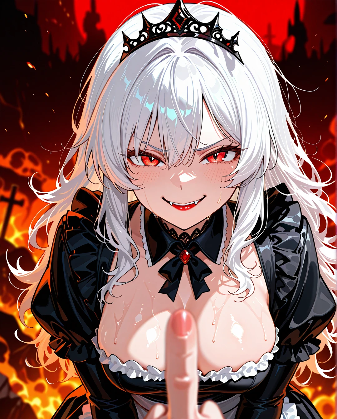 1girl, teen, maid, shiny skin, HDR,UHD,8K, best quality, medium breasts, lipstick, fangs, sad smile, wavy hair, messy hair, long hair, white hair, medium hair, tiara, hell,  big thights, (middle_finger) (gangbang) (angry)