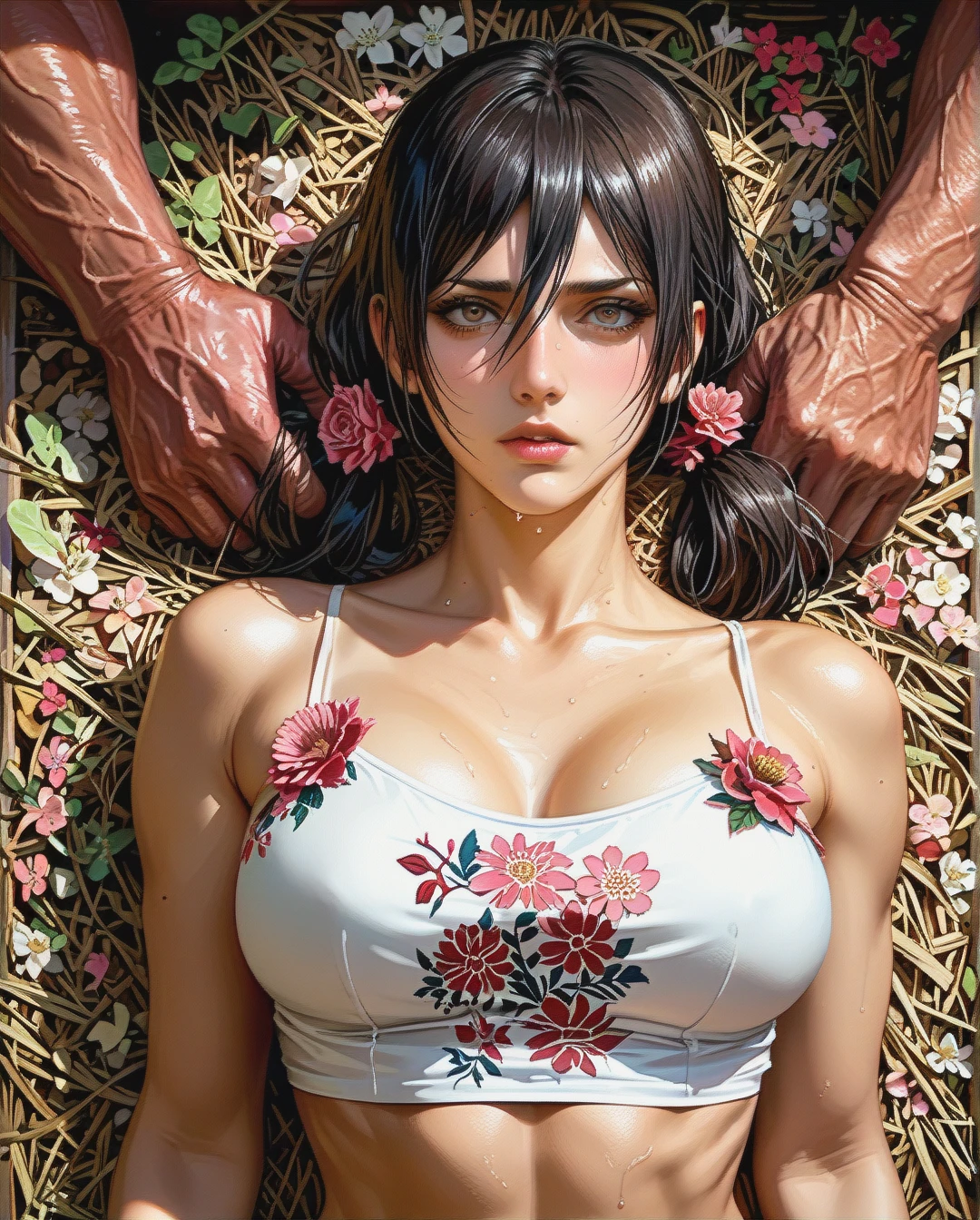 Mikasa Ackerman mature attack on Titan Twintails, Realistic Realistic,crop top camisole pink floral, sex penetrated grabbed by monster titan