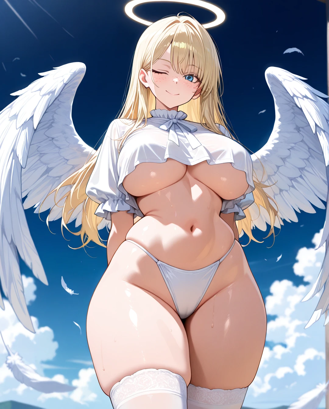 Angel, (curvy) ,(large_breasts), perfect body,big hips,narrow waist,blonde, freckles,angel girl,heaven,white bikini, white socks,white blouse,(arms_behind_back) ,>;3