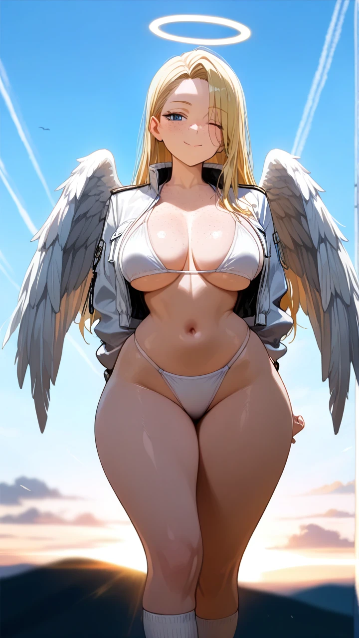 Angel, (curvy) ,(large_breasts), perfect body,big hips,narrow waist,blonde, freckles,angel girl,heaven,white bikini,white socks,white jacket,(arms_behind_back) ,>;3