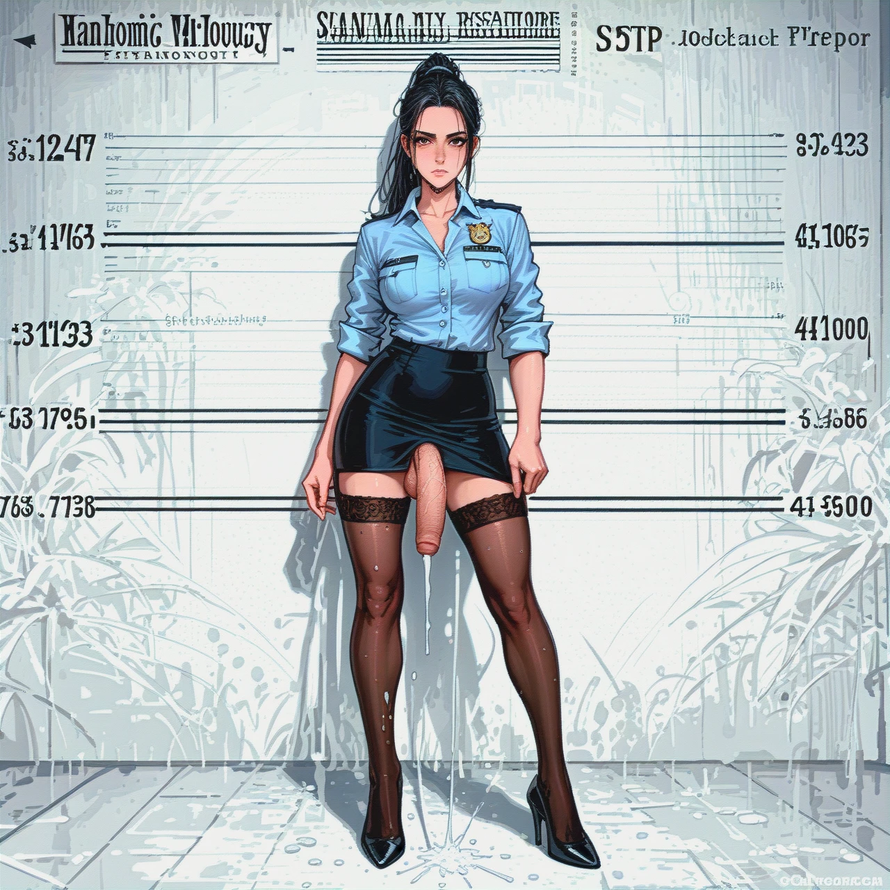 woman , 27 years , Black hair , ponytail hair , Hairstyle revealing ears, forehead, and entire face , Stop using hair and silk threads to cover your face and eyes , (despair) , expressionless face , Perfect female figure , Long and slender legs , macromastia , police Office decoration , Office skirt , Black Suspender stockings , Needle nosed high heels , (futanari) , foreskin penis , A flaccid penis  , Penile ejaculation of semen , sweaty cock , solo , full-length (looking_afar) , frontview , full body photo , mugshot , (full_body) , Hairstyle revealing forehead and facial contours , Clean the black lines on the face , have a slender figure , Stand with legs open