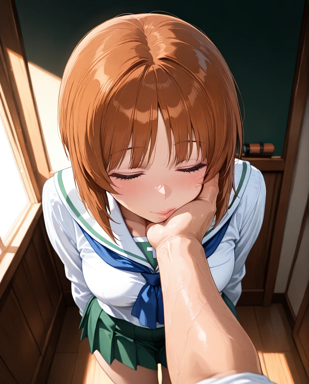 @nishizumi_miho, kissing, busty, white shirt, green skirt, school uniform, man's hand on a girl's cheek, pov, standing,