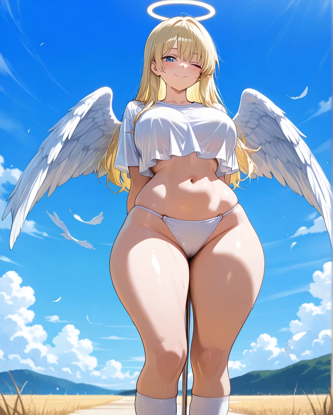 Angel, (curvy) ,(large_breasts), perfect body,big hips,narrow waist,blonde, freckles,angel girl,heaven,white bikini,white blouse,white socks,(arms_behind_back) ,>;3