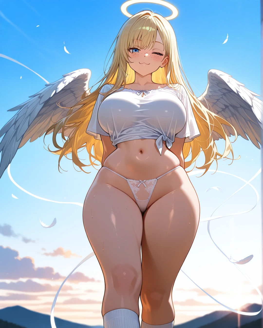 Angel, (curvy) ,(large_breasts), perfect body,big hips,narrow waist,blonde, freckles,angel girl,heaven,white string panties,white blouse,white socks,(arms_behind_back) ,>;3