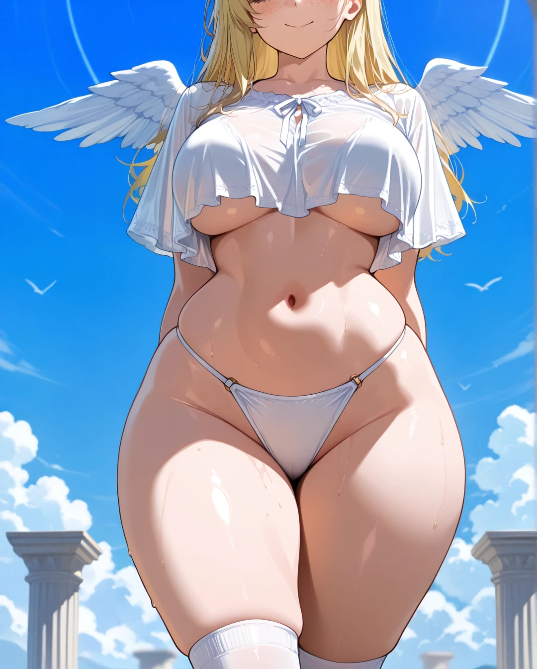 Angel, (curvy) ,(large_breasts), perfect body,big hips,narrow waist,blonde, freckles,angel girl,heaven,white bikini,white blouse,white socks,(arms_behind_back) ,>;3