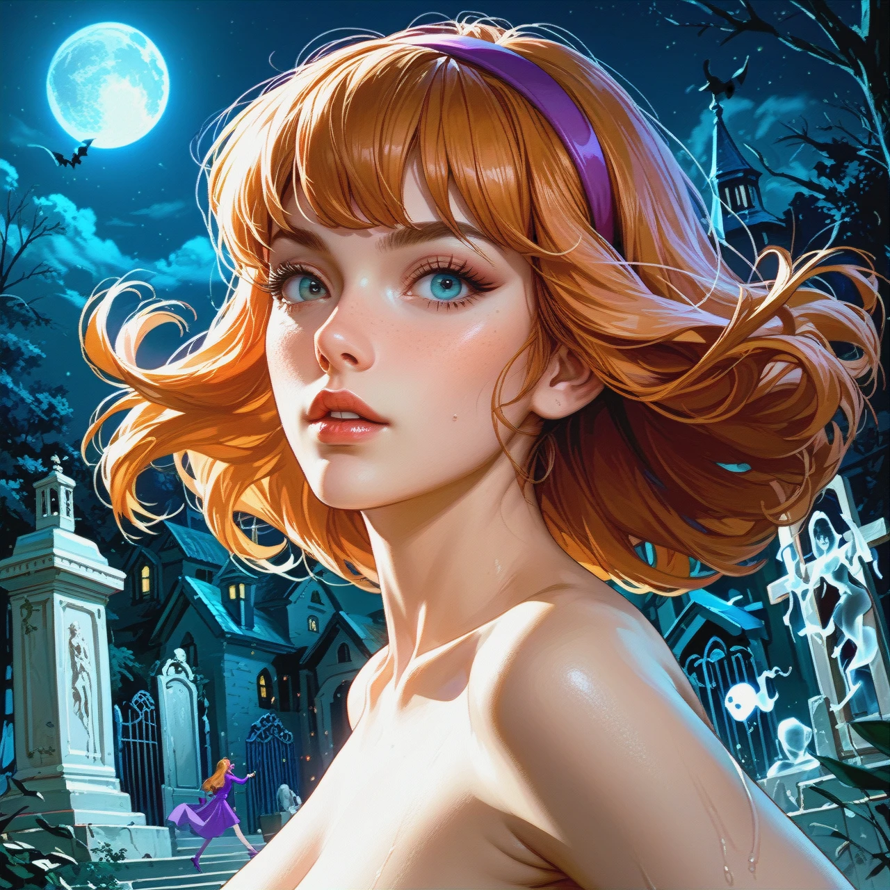 Completely naked, Daphne Blake (looks like Daphne Blake from the Scooby-Doo animated series) is running away from ghosts. At night in the cemetery by the light of the full moon